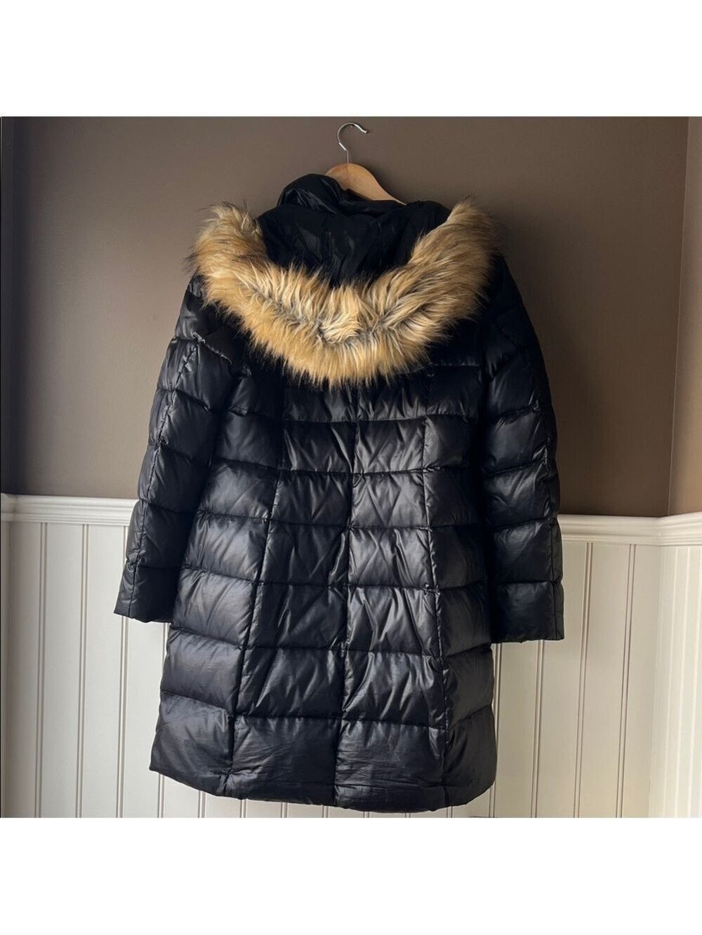 KATE SPADE Black Puffer Coat with Removable Faux Fur Trim Hood Size Large
